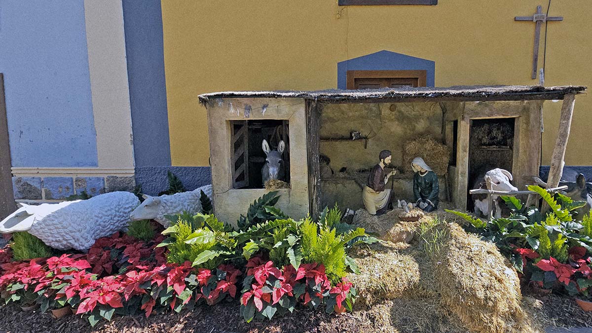 The Nativity scene with Holy Family in hay, surrounded by domestic animals in life-size in front of the Casa Parroquial in Gáldar, Gran Canaria, Spain, an artwork by Antonio Garcia Ramoz; photo by Ivan Kralj.