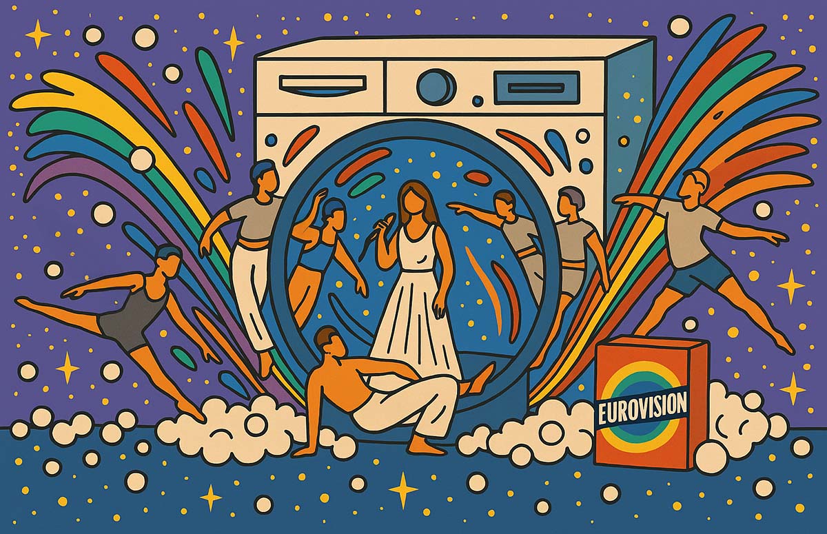 AI illustration of Eden Golan, Israeli representative at Eurovision 2024, singing "Hurricane" inside a washing machine bursting rainbow colors and bubbles, with "Eurovision" detergent standing next to it - is Israel's participation at Eurovision a form of artwashing the country's Gaza military action?; AI illustration by Ivan Kralj / Copilot.