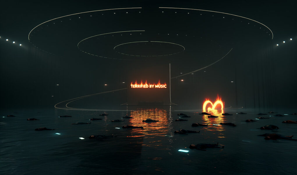 An Apocaylptic image of a flooded Eurovision arena, with a burning slogan "Terrified by Music"; AI image by Ivan Kralj / Reve.