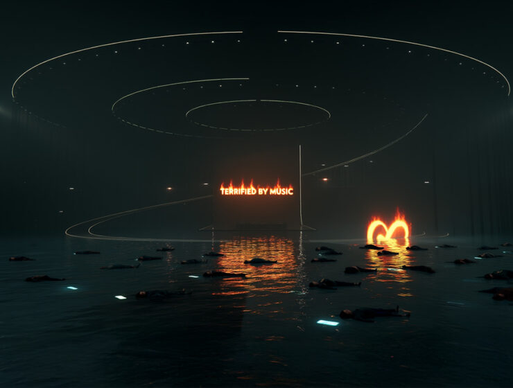 An Apocaylptic image of a flooded Eurovision arena, with a burning slogan "Terrified by Music"; AI image by Ivan Kralj / Reve.