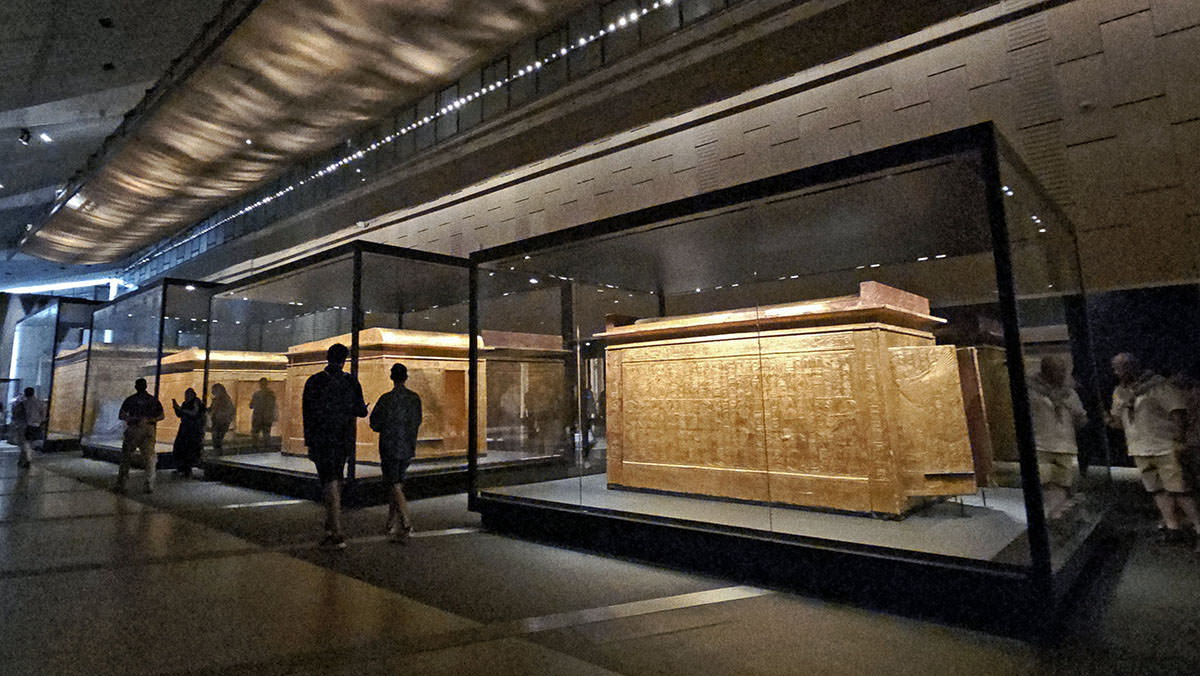 Four shrines from the Burial Chamber of King Tutankhamun, originally, they were placed one inside the other, now displayed at the Grand Egyptian Museum in Giza, Egypt; photo by Ivan Kralj.