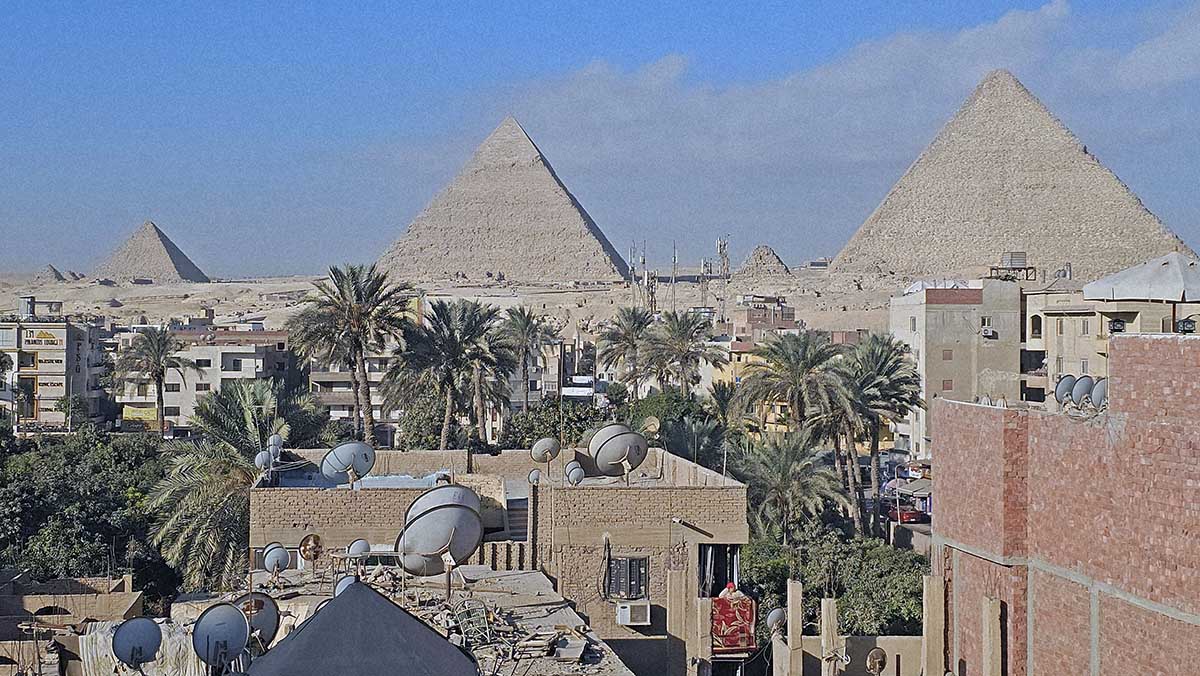 The view of the Giza Pyramids from the terrace of the Tuya Pyramids Inn, Egypt; photo by Ivan Kralj.