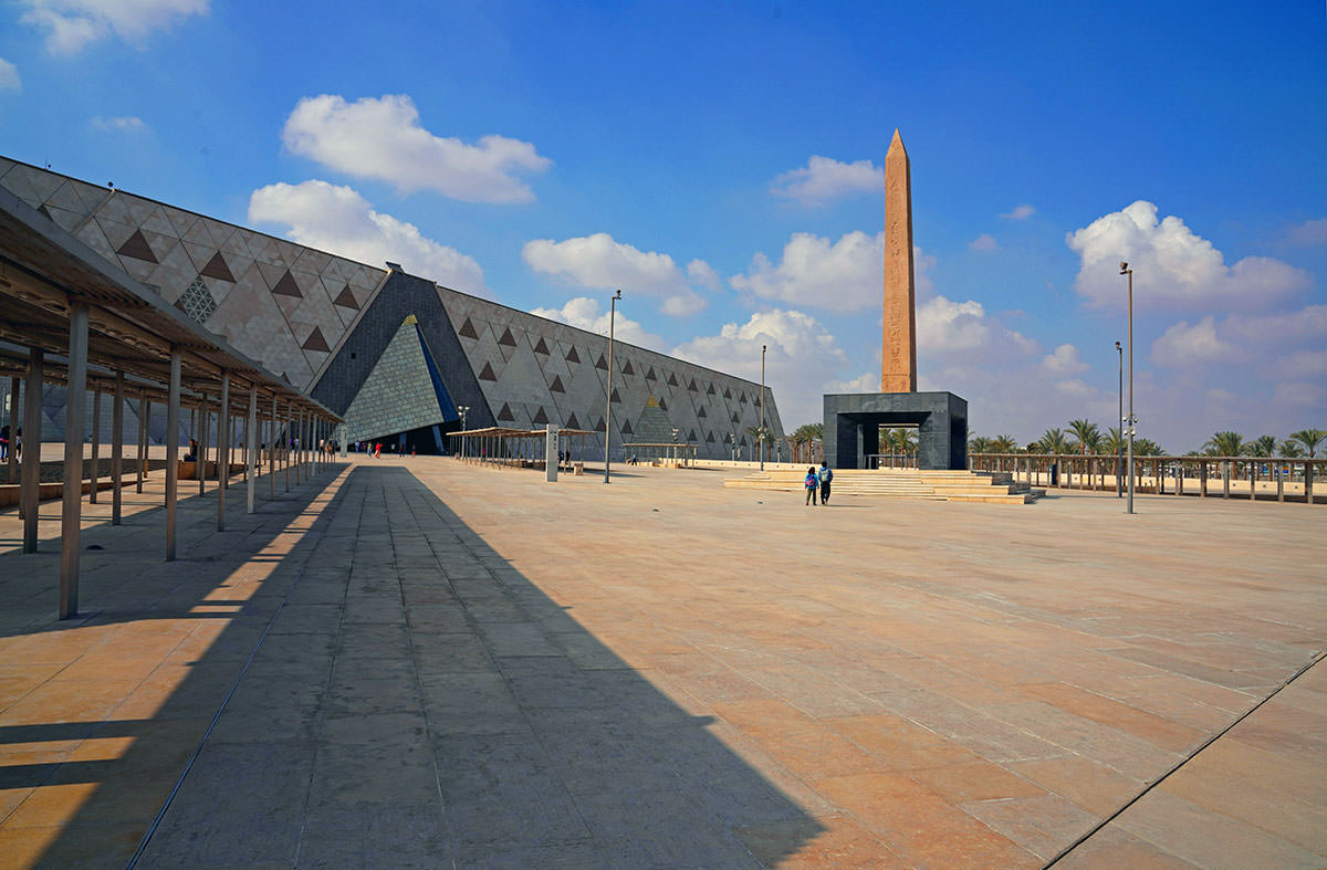 Hanging Obelisk before the main entrance to the Grand Egyptian Museum; photo by George Wang, Pexels.