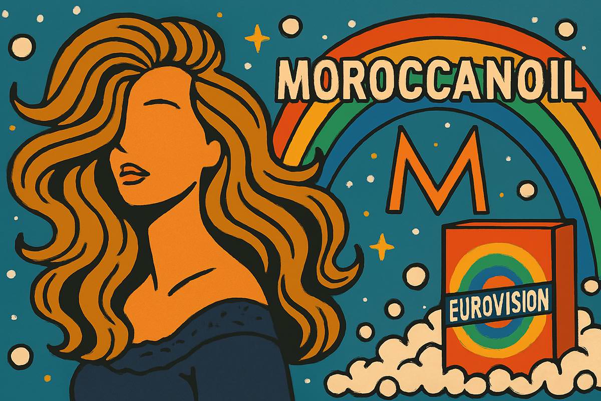 AI mock-up of an ad by Israeli company Moroccanoil, the main sponsor of Eurovision, which puts an effort in artwashing Israel's brand in front of international audiences; AI illustration by Ivan Kralj / Copilot.