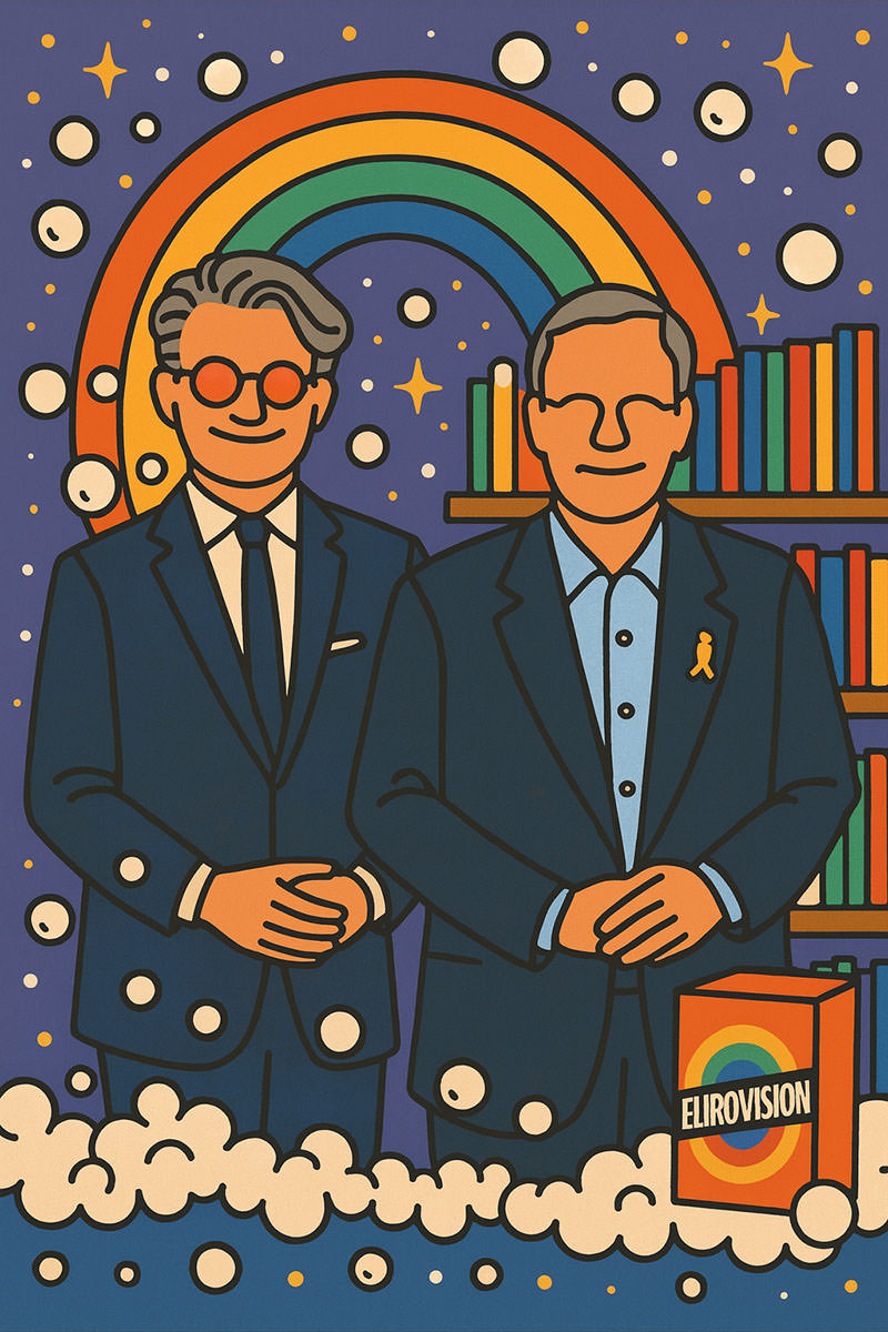 AI illustration of ORF chairman Roland Weissmann posing for a photograph with Israel's President Isaac Herzog, during a lobbying trip to Jerusalem, as a host of 2026 Eurovision, the stage for possible new Israel's artwashing - the smiling couple is paired with rainbow colors, bubbles, and "Eurovision" detergent; AI illustration by Ivan Kralj / Copilot.