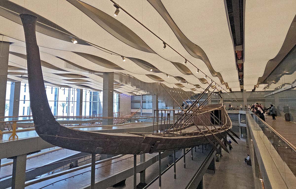 Solar Boat of Khufu, assembled and exhibited at the Grand Egyptian Museum in Giza; photo by Ivan Kralj.