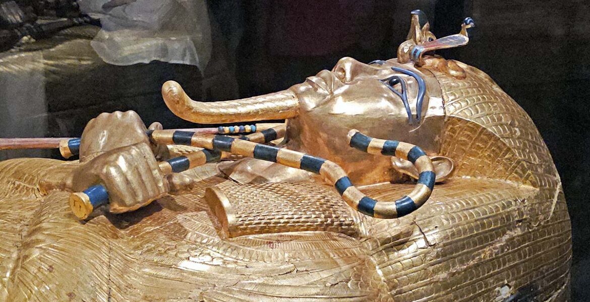 The gilded wooden sarcophagus of Tutankhamun, displayed at the Grand Egyptian Museum (GEM) in Giza, Egypt; photo by Ivan Kralj.