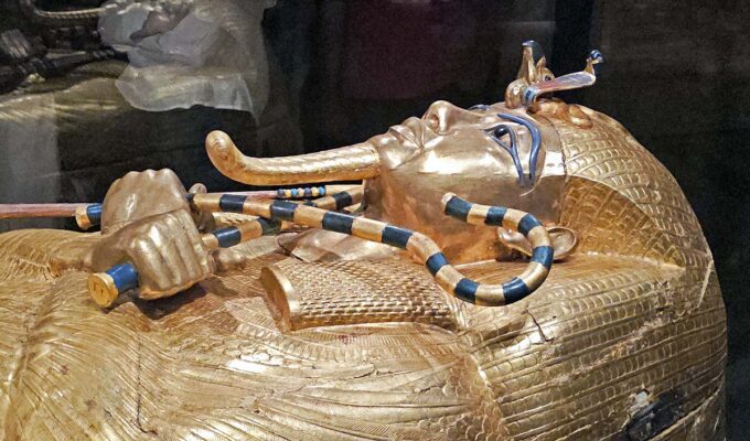 The gilded wooden sarcophagus of Tutankhamun, displayed at the Grand Egyptian Museum (GEM) in Giza, Egypt; photo by Ivan Kralj.