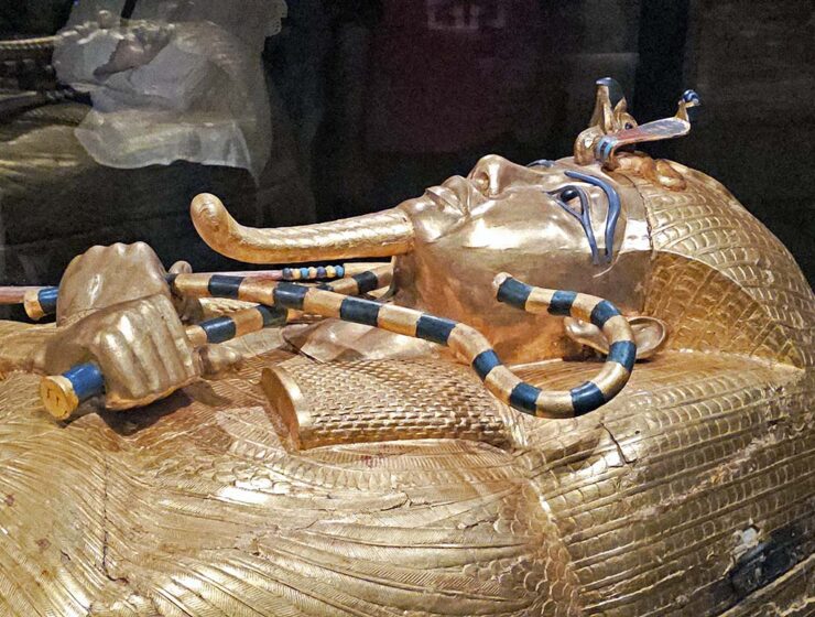 The gilded wooden sarcophagus of Tutankhamun, displayed at the Grand Egyptian Museum (GEM) in Giza, Egypt; photo by Ivan Kralj.