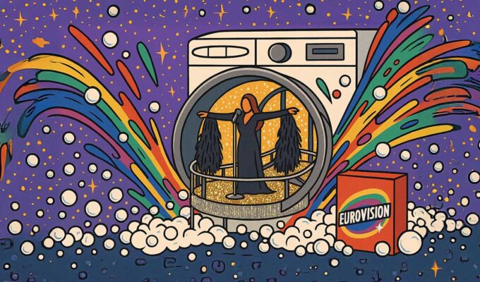 AI illustration of Yuval Raphael, Israeli representative at Eurovision 2025, singing inside a washing machine bursting rainbow colors and bubbles, with "Eurovision" detergent standing next to it - is Israel's participation at Eurovision a form of artwashing the country's Gaza operations?; AI illustration by Ivan Kralj / Copilot.