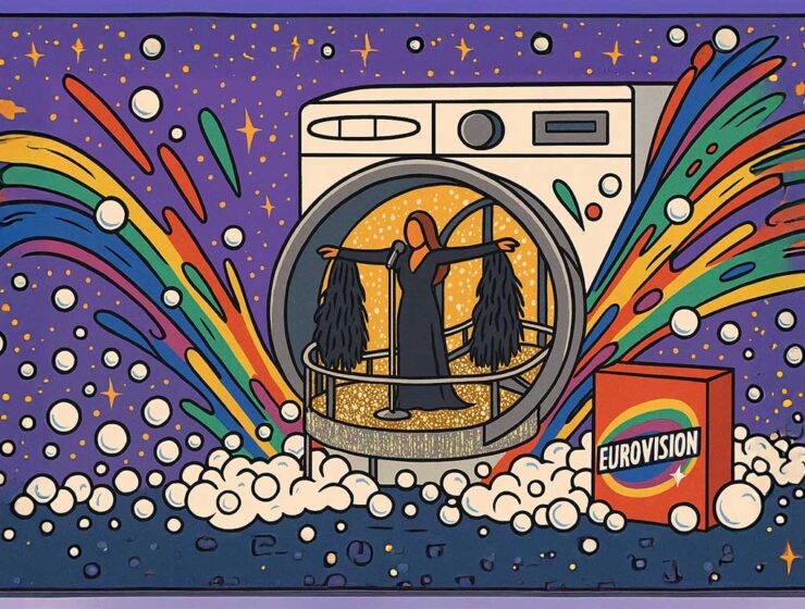 AI illustration of Yuval Raphael, Israeli representative at Eurovision 2025, singing inside a washing machine bursting rainbow colors and bubbles, with "Eurovision" detergent standing next to it - is Israel's participation at Eurovision a form of artwashing the country's Gaza operations?; AI illustration by Ivan Kralj / Copilot.
