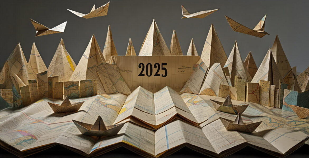 Origami map diorama, an entire world made of folded paper maps, including ships and planes, on occasion of 2025 year review by Pipeaway; AI image by Ivan Kralj / Reve, Adobe.