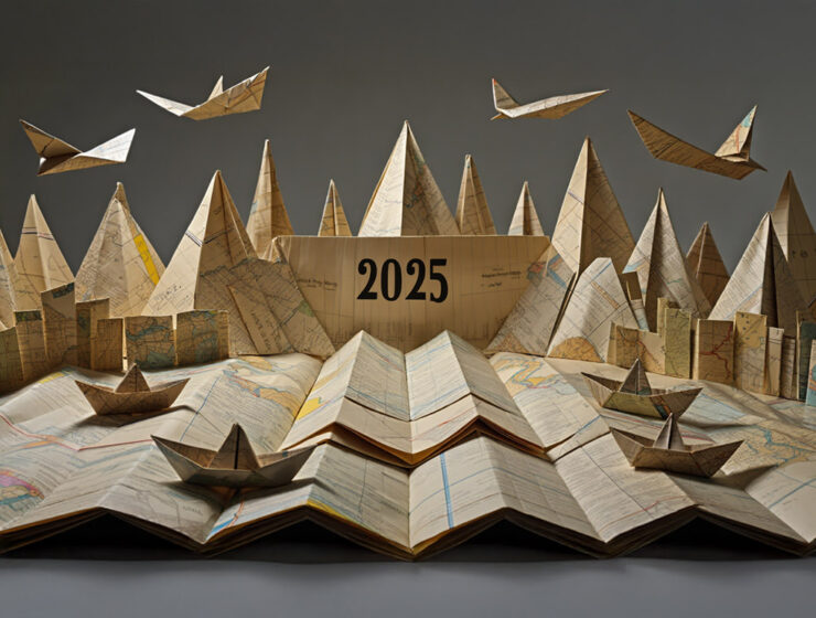 Origami map diorama, an entire world made of folded paper maps, including ships and planes, on occasion of 2025 year review by Pipeaway; AI image by Ivan Kralj / Reve, Adobe.