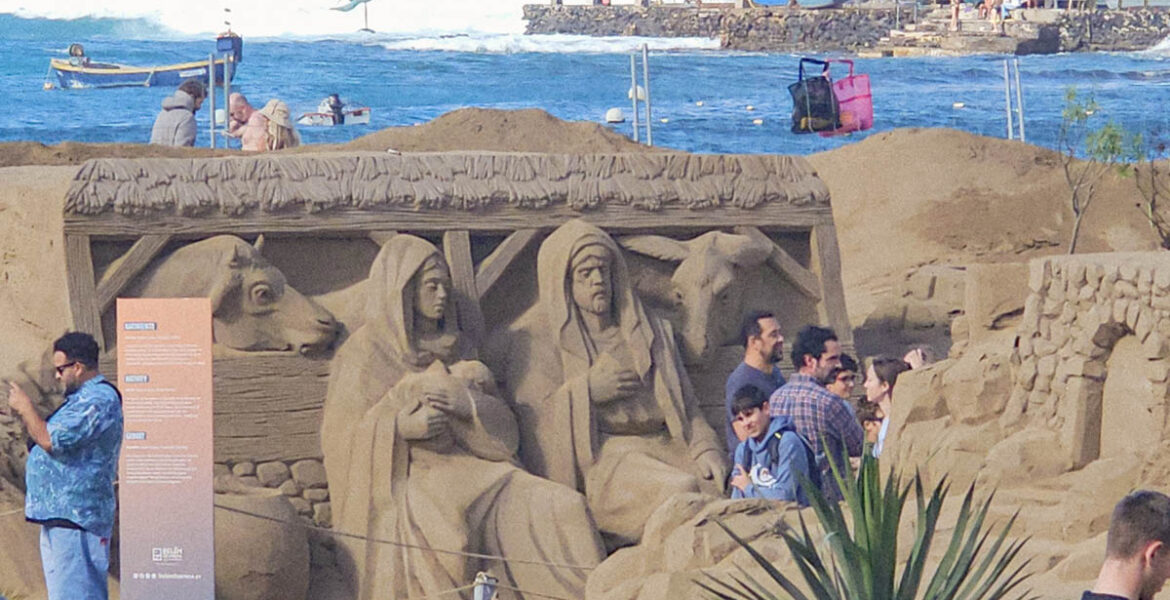 Belén de Arena, the nativity scene made of sand, representing Holy Family, with Mary, Joseph, and baby Jesus, installed at Playa de las Canteras in Las Palmas de Gran Canaria, Spain; photo by Ivan Kralj.