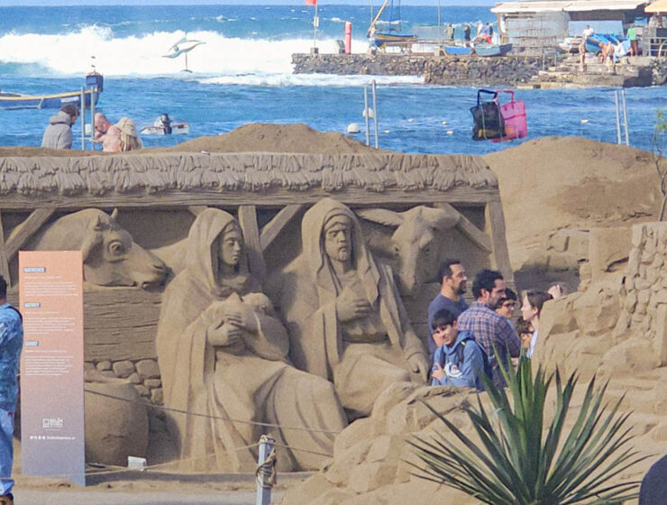 Belén de Arena, the nativity scene made of sand, representing Holy Family, with Mary, Joseph, and baby Jesus, installed at Playa de las Canteras in Las Palmas de Gran Canaria, Spain; photo by Ivan Kralj.