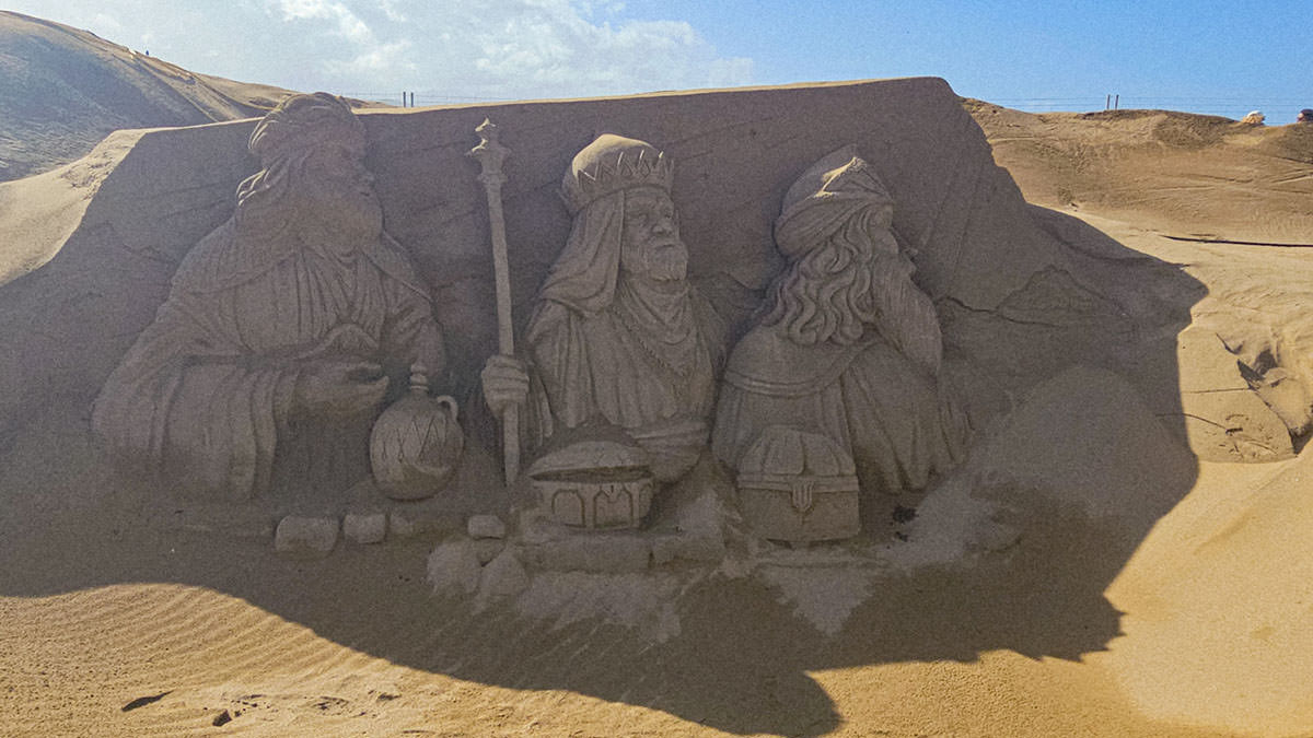 Three Kings sculpted from sand for Belén de Arena at Playa de las Canteras, the annual sand nativity scene in Las Palmas, on the Spanish island of Gran Canaria; photo by Ivan Kralj.