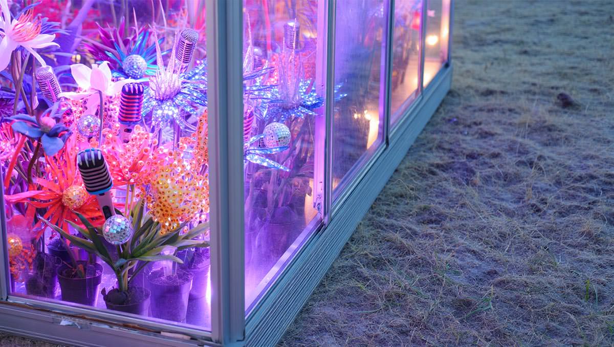 Eurovision greenhouse, cultivated in one corner - an illustation of the west-focused Eurovision Song Contest Live Tour that completely skips two-thirds of the continent; AI image by Ivan Kralj / Reve.