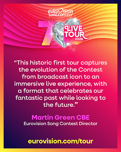 The graphic quotation of Martin Green, Eurovision Song Contest Director ahead the Live Tour 2026 on the occasion of Eurovision's 70th birthday: "This historic first tour captures the evolution of the Contest from broadcast icon to an immersive live experience, with a format that celebrates our fantastic past while looking to the future."
