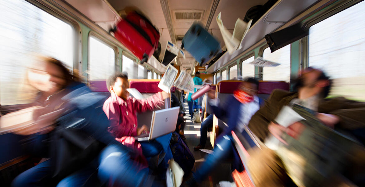 Train passengers in motion blur with flying objects during a train accident; an AI illustration for a practical guide on how to survive a train crash by Ivan Kralj / Reve, Adobe.