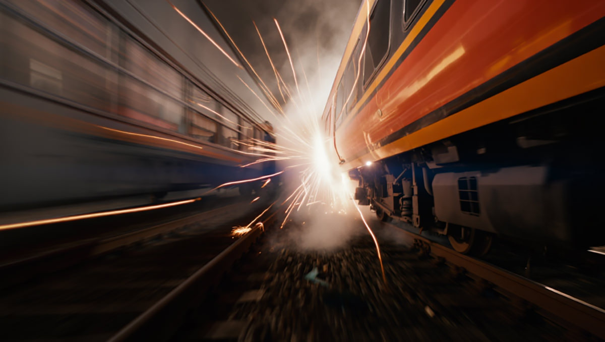 Train collision moment with sparks; AI image by Ivan Kralj / Reve.