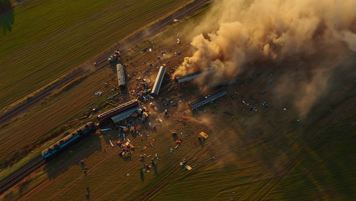 Drone view of a train crash in the field; AI image by Ivan Kralj / Reve.