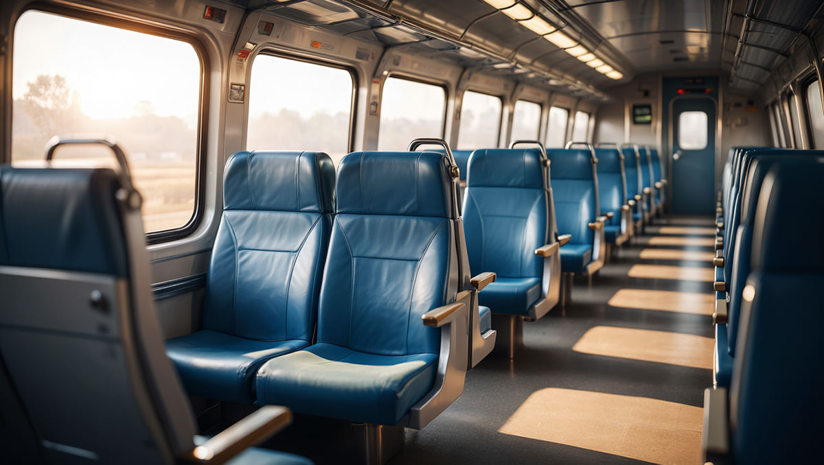 Seats on an empty train, with some being rear-facing, considered to improve the safety of passengers in case of a train crash, collision, or derailment; AI image by Ivan Kralj / Reve.