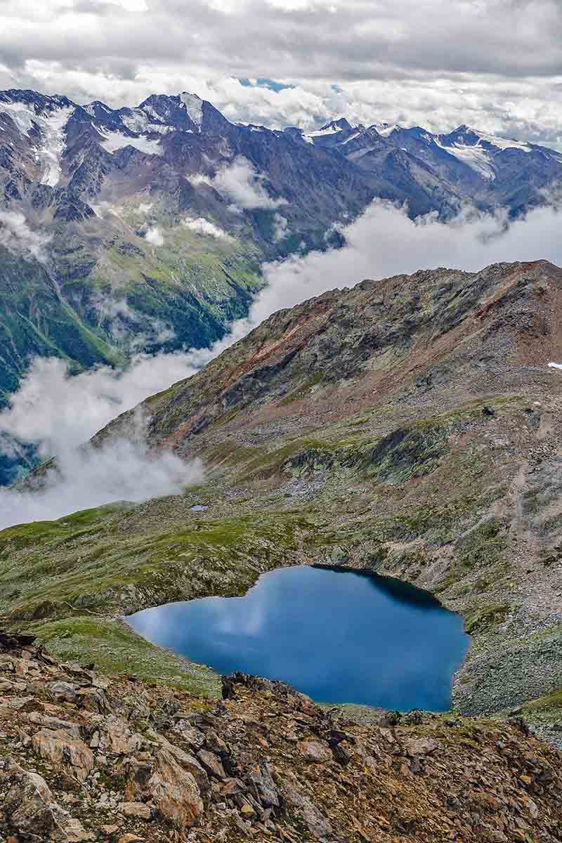 Gaislacher See, a heart-shaped lake in Ötztal Alps, Austria; photo by Gordon from Deutschland.