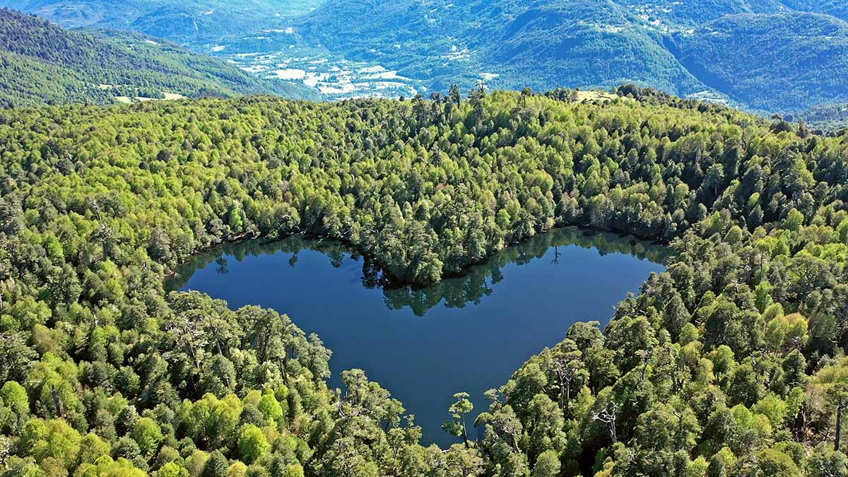 Lago Corazón de Liquiñe, a heart-shaped lake in southern Chile; photo by Blinovita, Depositphotos.