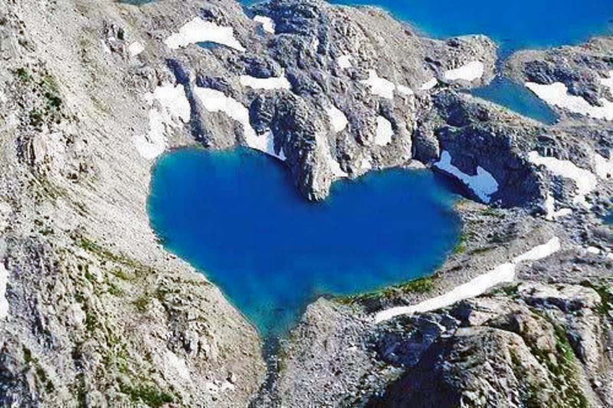 Shimshal Lake in the Karakoram Mountains in Pakistan, shaped like a heart.