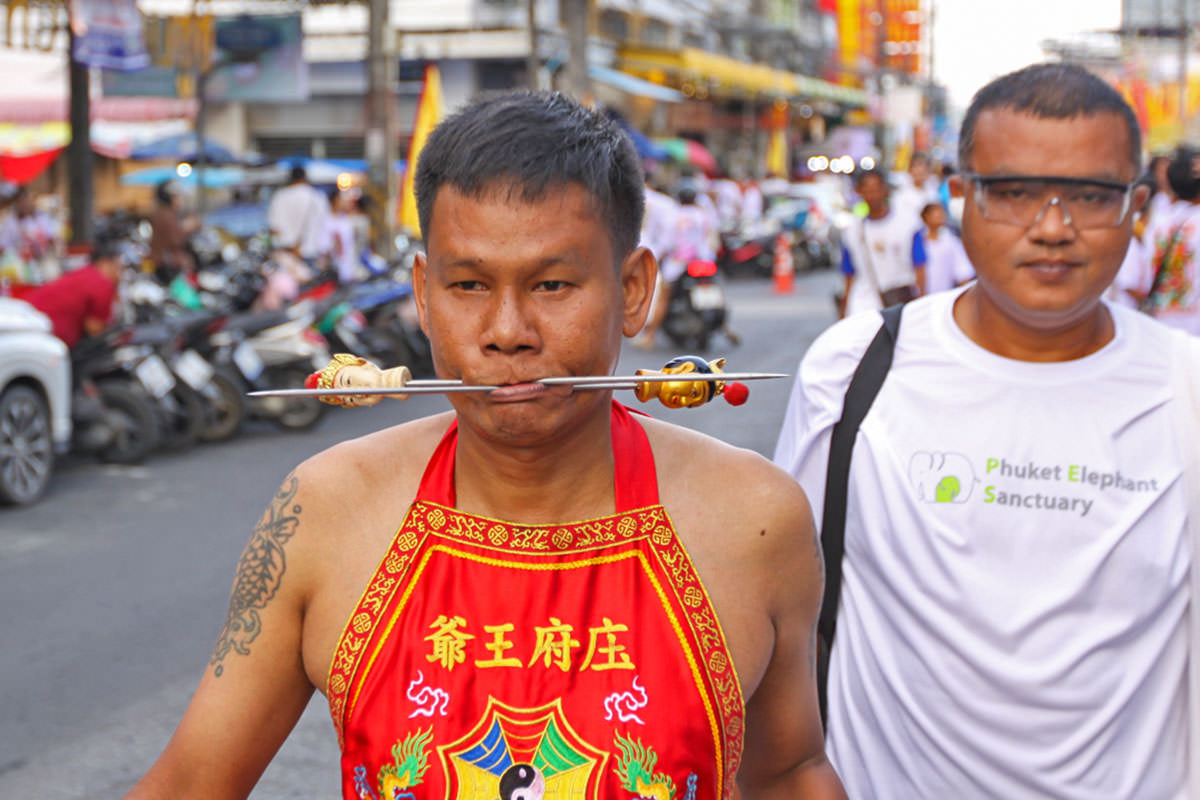Ma song participant of the Phuket Vegetarian Festival, his face pierced with spikes, walking in the procession from the Lim Hu Tai Su Shrine, Thailand; photo by Ivan Kralj.