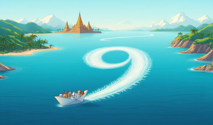 Nine cats in a paper boat circling a body of water in exotic environment, leaving the trace in the shape of a number nine - conceptual visualization for the ninth anniversary of Pipeaway travel blog; AI image by Ivan Kralj - Reve/Adobe.