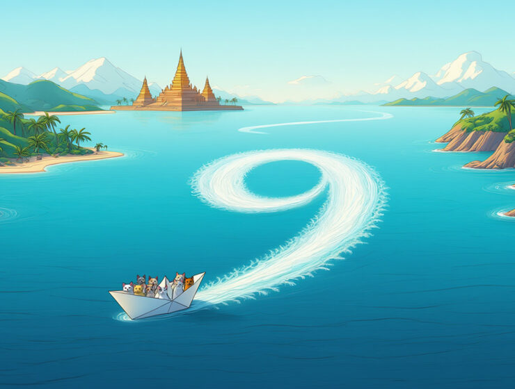 Nine cats in a paper boat circling a body of water in exotic environment, leaving the trace in the shape of a number nine - conceptual visualization for the ninth anniversary of Pipeaway travel blog; AI image by Ivan Kralj - Reve/Adobe.