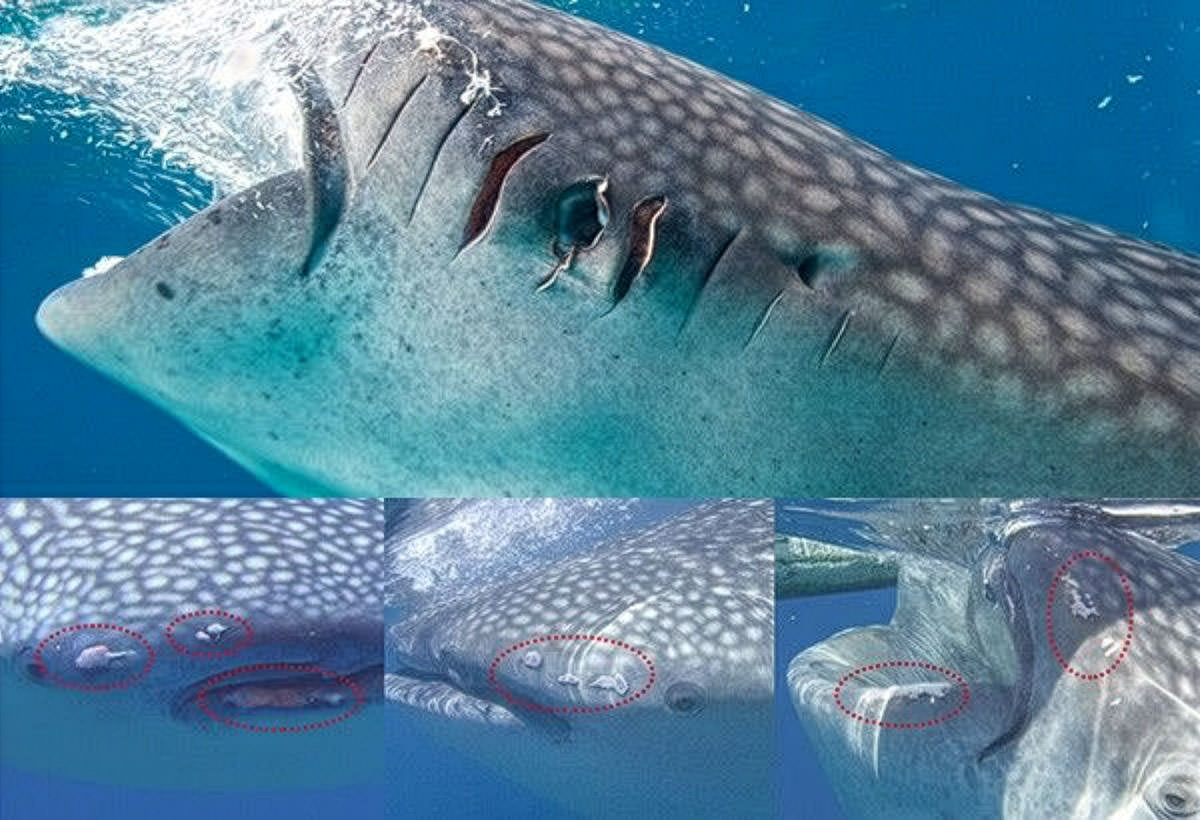 Close-ups of injuries sustained by Oslob whale sharks from rubbing against the boats during the feeding for tourism purposes; photo by Steve de Neef, LAMAVE.