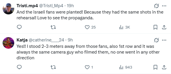 Screenshot of Eurovision audience tweeting about the planted fans for the purpose of Israel promotion during their Vienna performance.