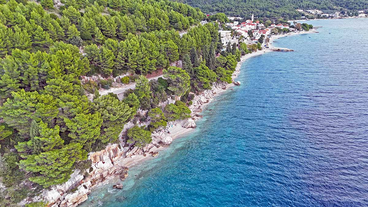 Aerial view of Iza Klobuka, naturist beach of Zaostrog, on Makarska Riviera, Croatia; drone photo by Ivan Kralj.