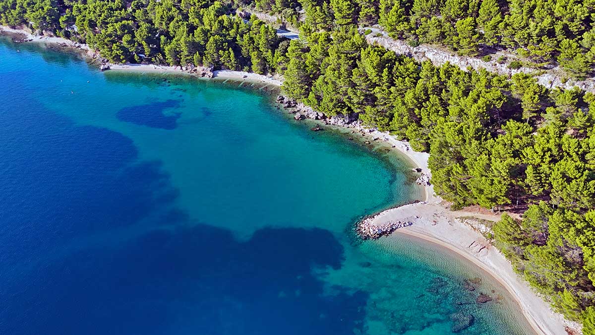 Aerial view of FKK Strand and Moritz Beach between Blato and Drvenik, on Makarska Riviera, Croatia; drone photo by Ivan Kralj.