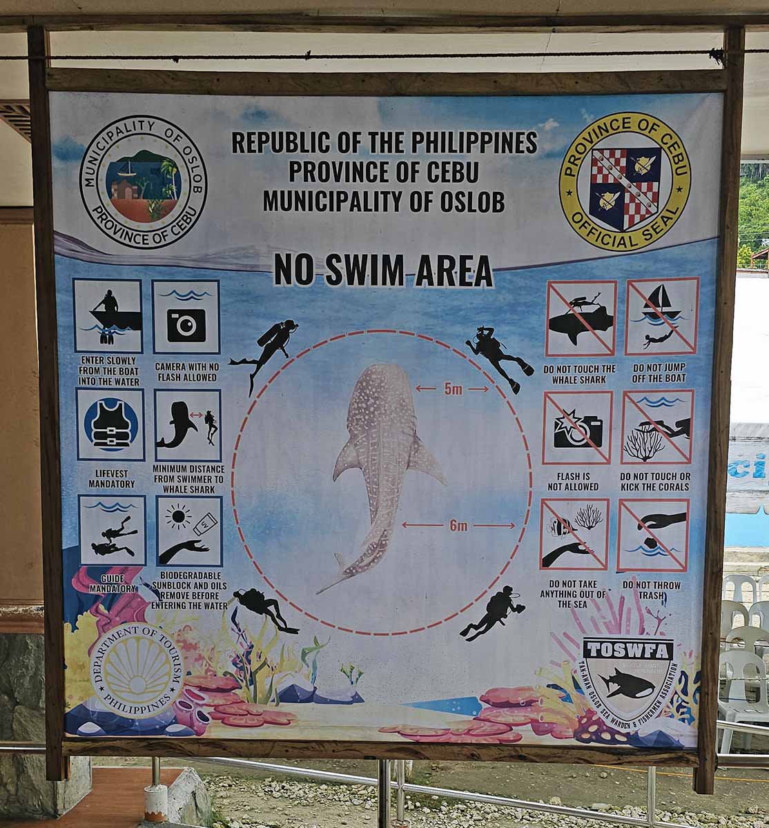 A diagram of no-swim area around the animals at Oslob Whale Shark Watching briefing area, prohibiting approach to a 5-meter radius, in Cebu, the Philippines; photo by Ivan Kralj.