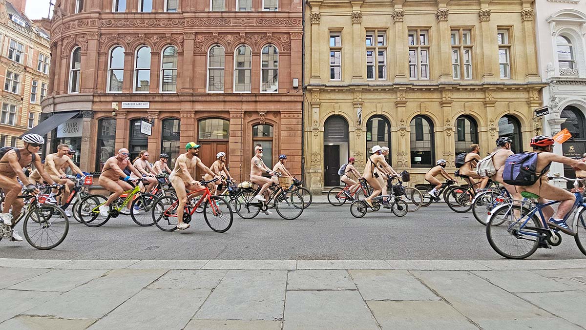 Nude cyclists participating in the World Naked Bike Ride protest in London, UK; photo by Ivan Kralj.