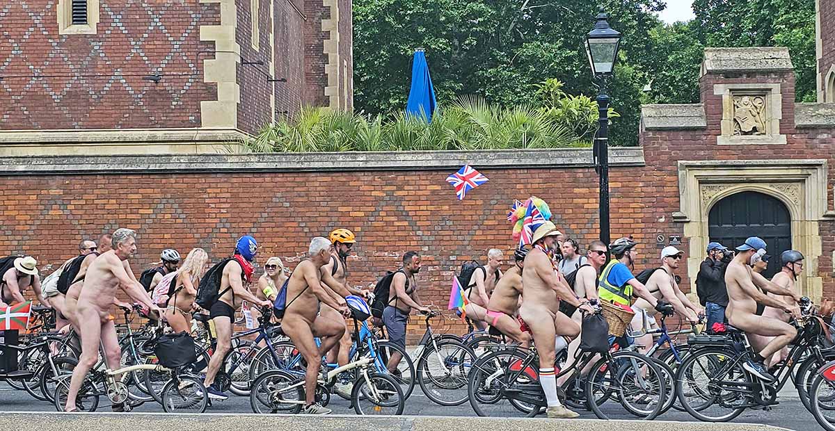 A group of nude cyclists participating in the World Naked Bike Ride protest in London, UK; photo by Ivan Kralj.