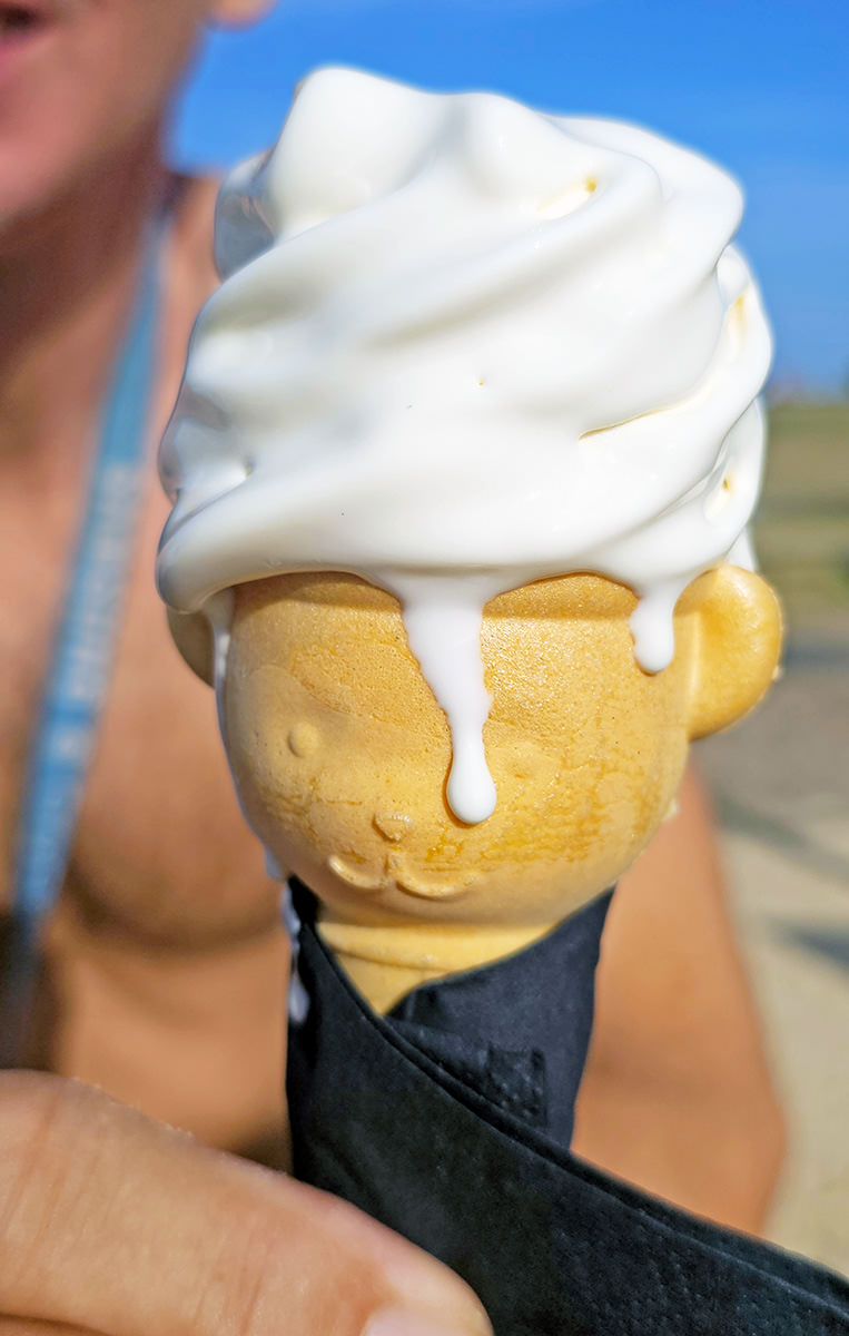 A soft vanilla ice cream melting in bear-shaped cone in Littlehampton; photo by Ivan Kralj.