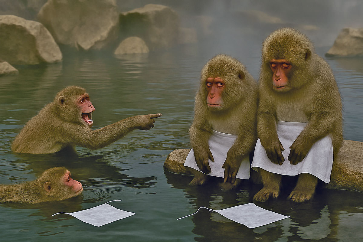 Japanese snow monkeys mocking two monkey bathers wearing modesty aprons in the hot springs; AI image by Ivan Kralj / Copilot.
