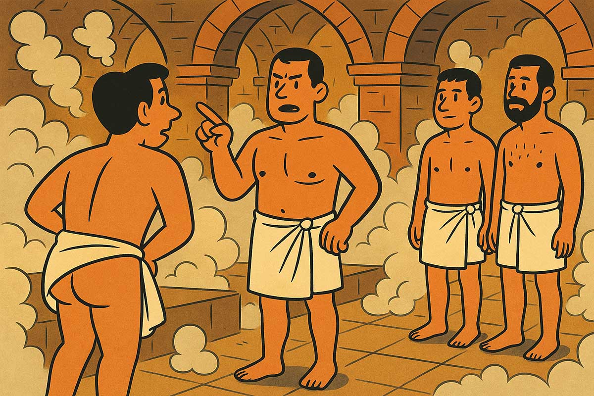 A comic-style AI illustration of a thermal bath visitor being scolded for not wearing the modesty apron properly - according to the new Budapest's Rudas Baths rules, the garment should cover both front and back of the body; AI image by Ivan Kralj / Copilot.