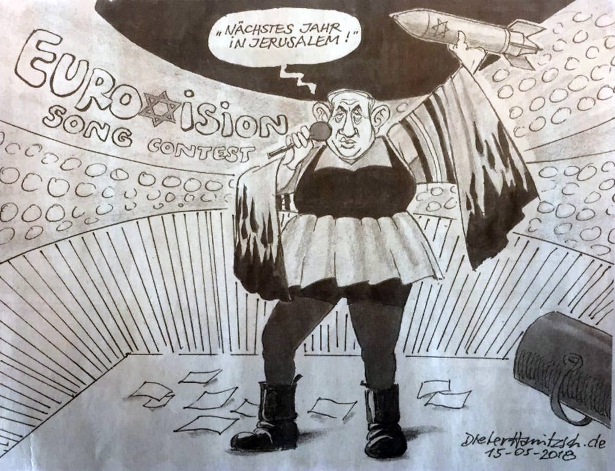 Cartoon of Benjamin Netanyahu with a rocket in his hand, and dressed in the costume of Netta Barzilai after the Israeli singer's Eurovision victory, shouting: “Next year in Jerusalem!”; the caricature condemned as antisemitic was created by Dieter Hanitzsch for Süddeutsche Zeitung.