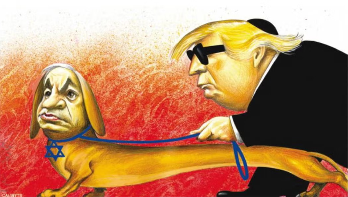 Cartoon showing blind Donald Trump being led by Benjamin Netanyahu as a service dog - accused for antisemitism, New York Times removed this work by Expresso caricaturist António Moreira Antunes.