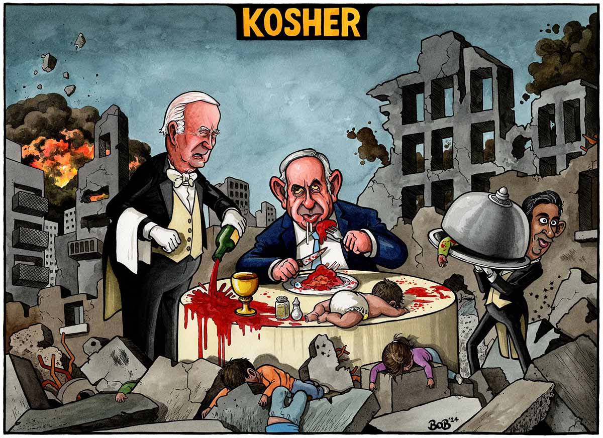 Cartoon of Benjamin Netanyahu sitting at a blood-soaked table in the ruins of Gaza while feasting on children - his kosher meal being served by Joe Biden and Rishi Sunak as butlers; the author of this 2024 artwork refused the accusation for antisemitism, saying there is no a Jew in this image.