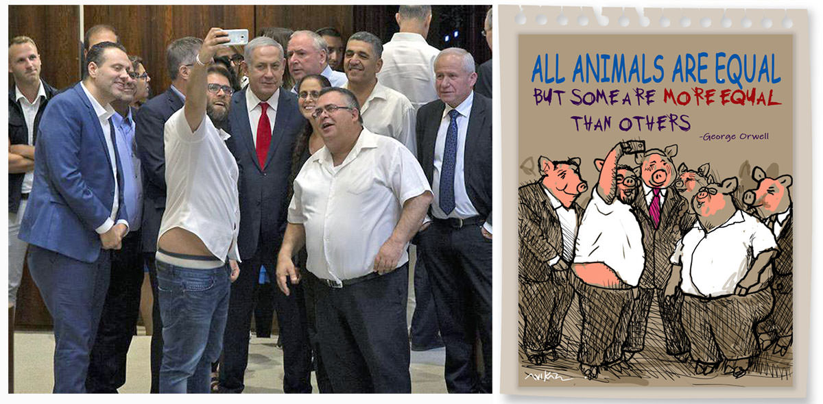 Photograph of Benjamin Netanyahu taking a selfie with Likud members after the voting of the discriminatory Jewish Nation-State law (photographer Oliver Fitoussi) nest to a cartoon showing the same selfie with George Orwel pigs with the quote from the "Animal Farm": “All animals are equal. But some animals are more equal than others.” (author of the drawing Avi Katz, for Jerusalem Report); the cartoon author, despite being Jewish himself, was fired because of "antisemitism".