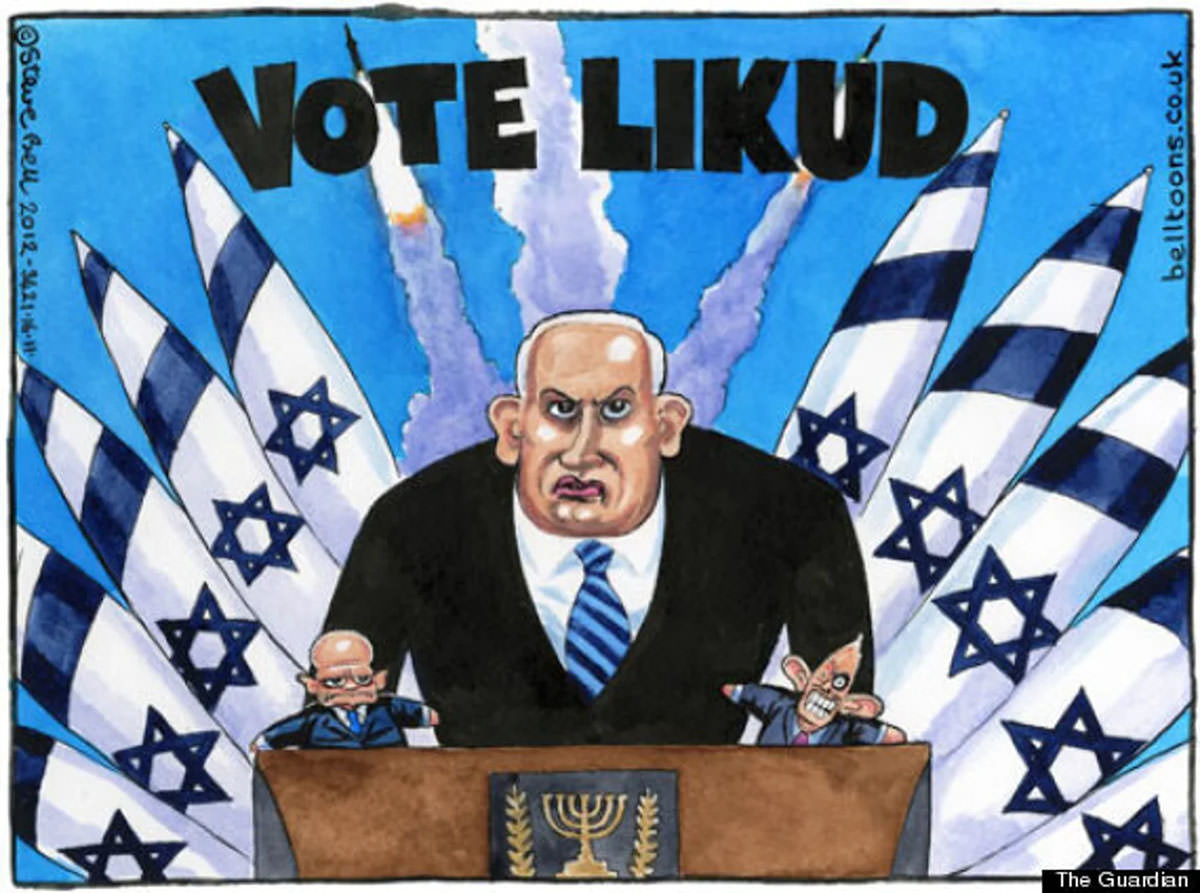 Caricature cartoon of Benjamin Netanyahu standing on a podium with missle-resembling Israel flags in the background and glove puppets of Tony Blair and William Hague on his hands; artwork accused for antisemitism created by Steve Bell for The Guardian.