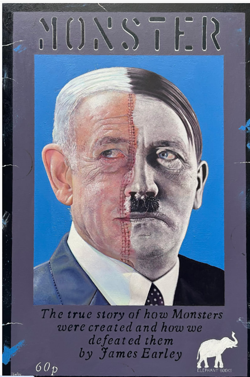 An oil painting of stitched faces of Benjamin Netanyahu and Adolf Hitler; the artwork "Monster" by James Earley was removed from London's The Other Fair after strong reactions.