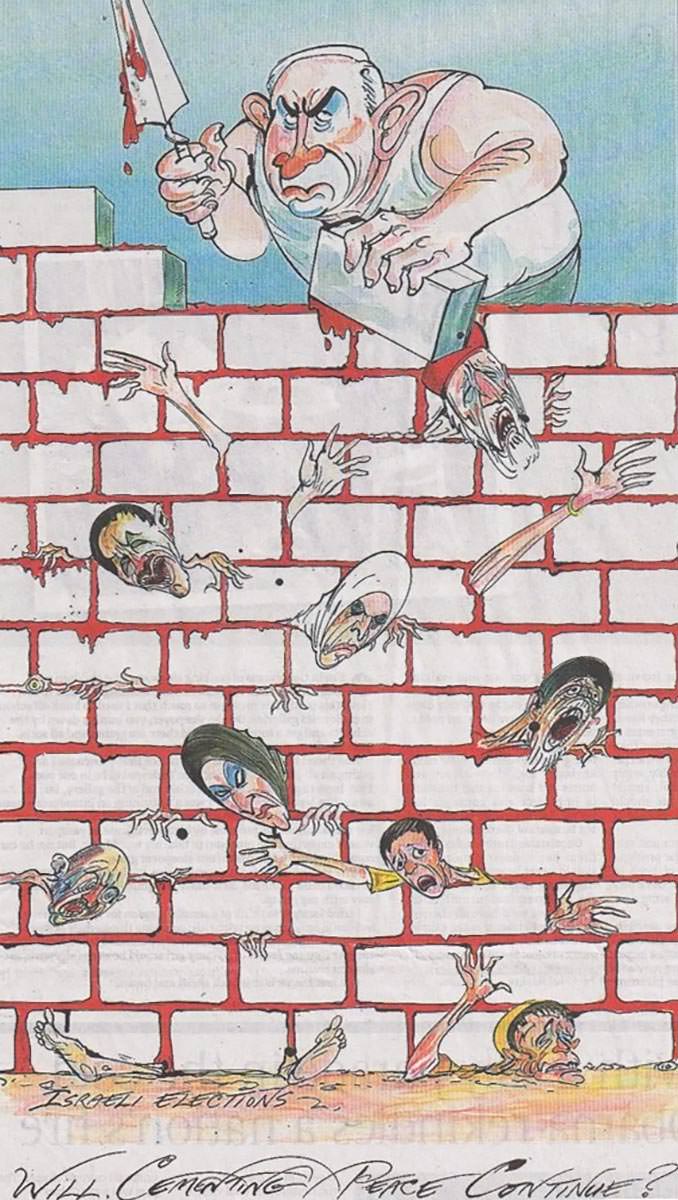 Cartoon of Benjamin Netanyahu building a wall out of Palestinian bodies and blood, captioned: “Israeli Elections: Will cementing peace continue?”; caricature accused for antisemitism was created by Gerald Scarfe for the Sunday Times.