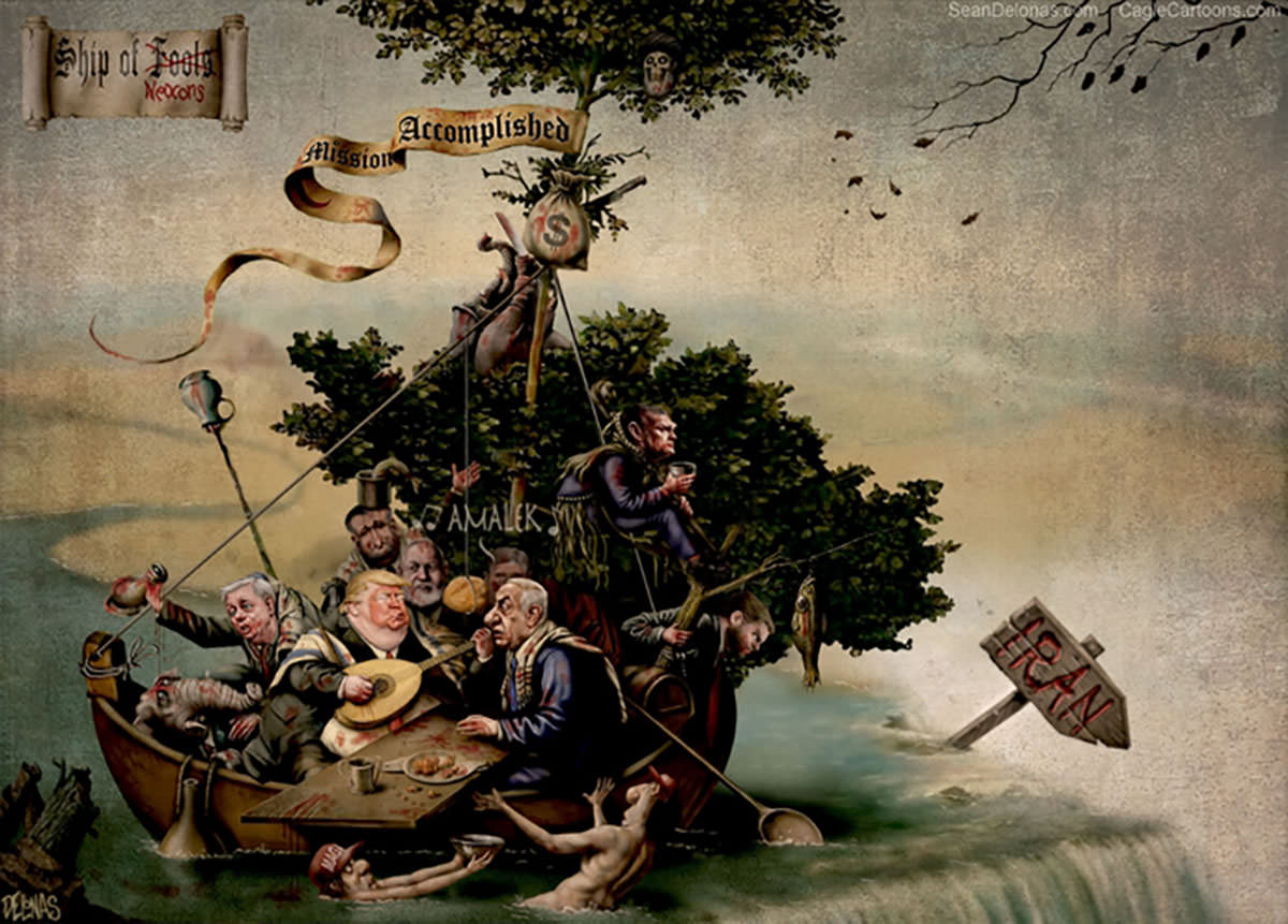 Hieronymus Bosch-style cartoon showing Benjamin Netanyahu, Donald Trump, President's cabinet members and Republican lawmakers sailing on the "Ship of Fools/Neocons" toward Iran, and approaching a waterfall; Sean Delonas's cartoon for Politico in March 2026 was attacked as antisemitic.